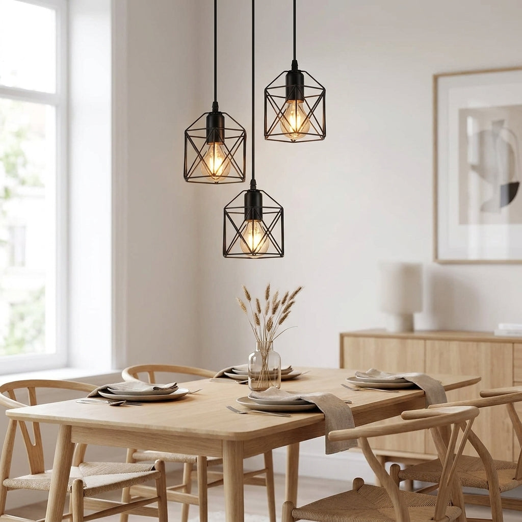 Black 3-Light Industrial Cage Cluster Pendant