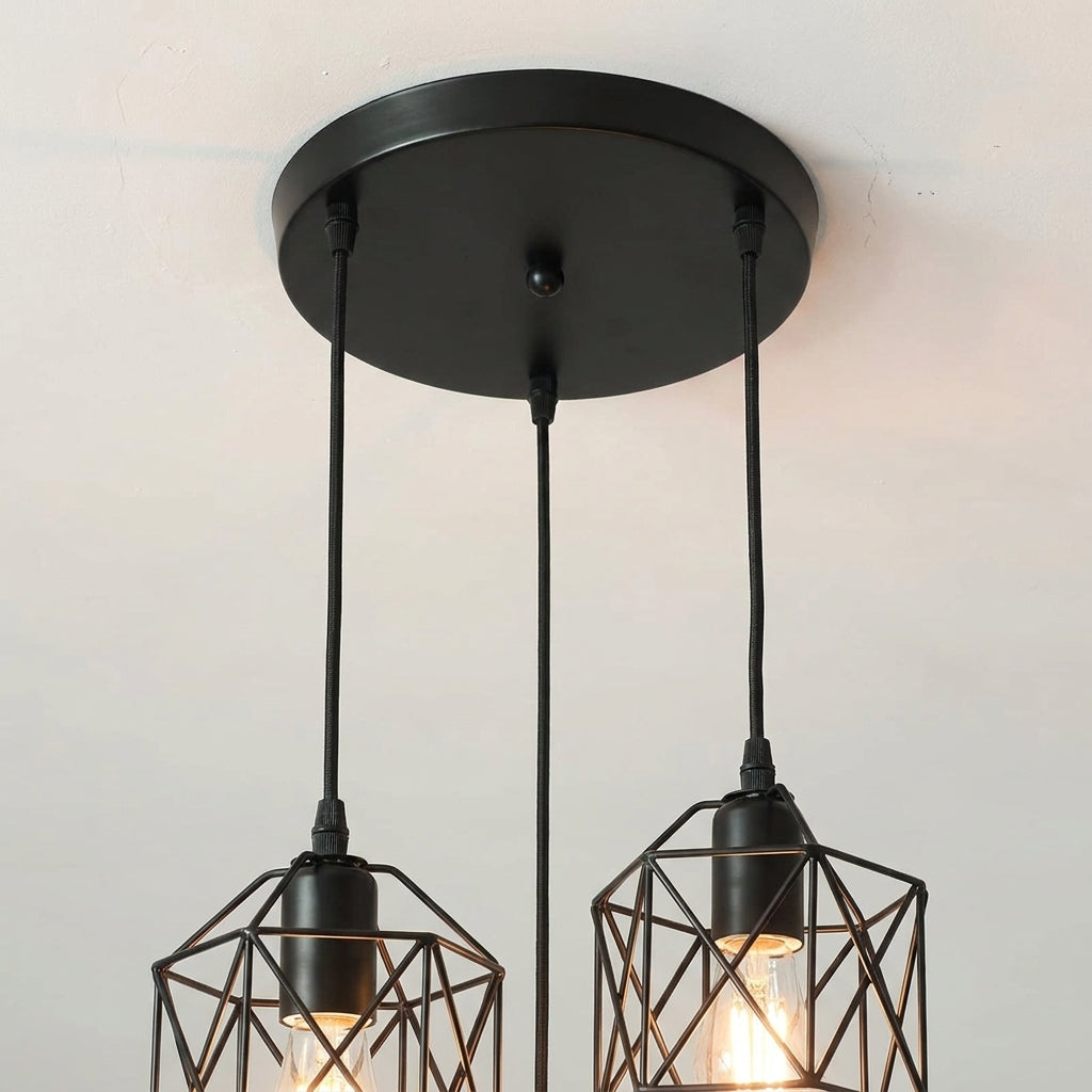 Black 3-Light Industrial Cage Cluster Pendant