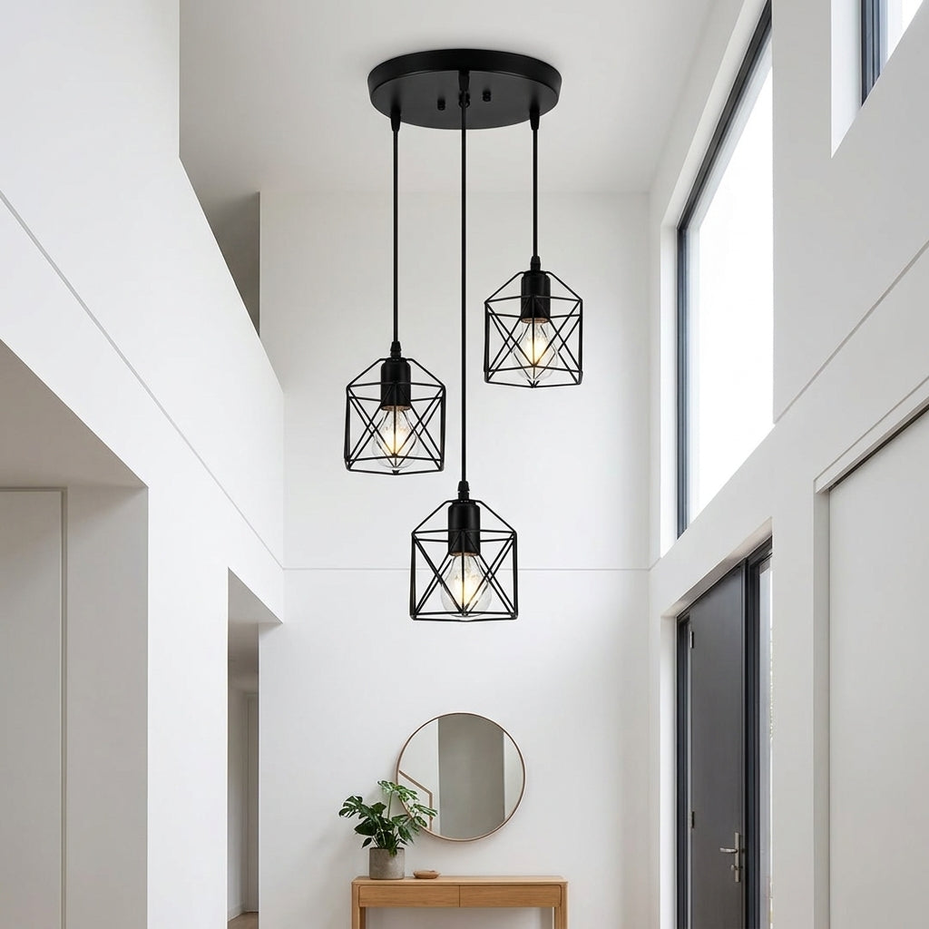 Black 3-Light Industrial Cage Cluster Pendant
