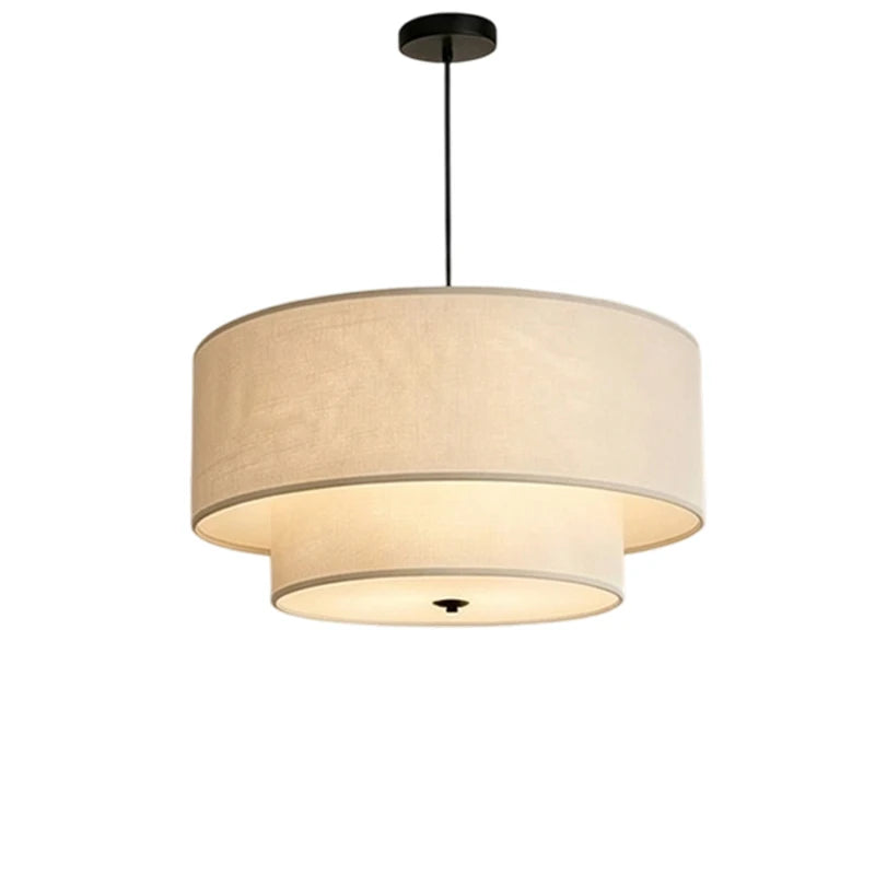 Two-Tier Beige Fabric Drum Pendant Light