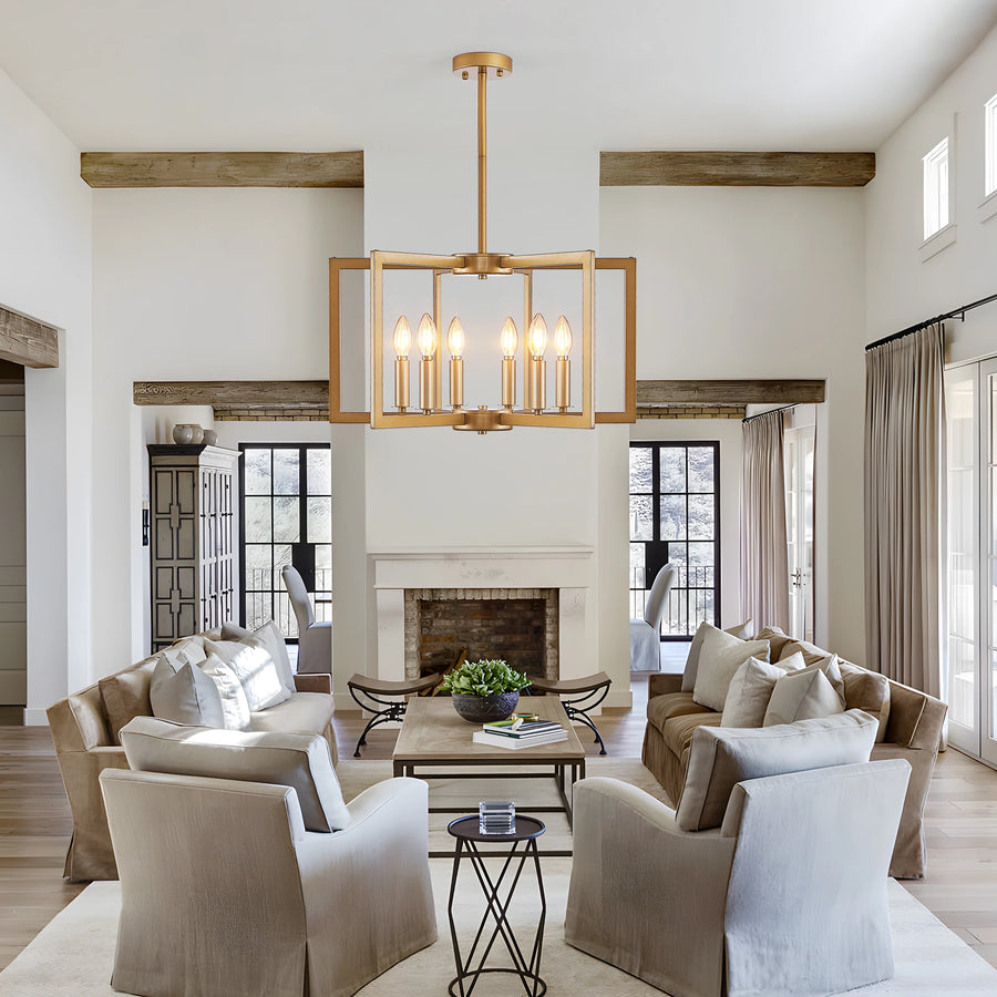 Modern living room with a chandelier, fireplace, and comfortable seating.