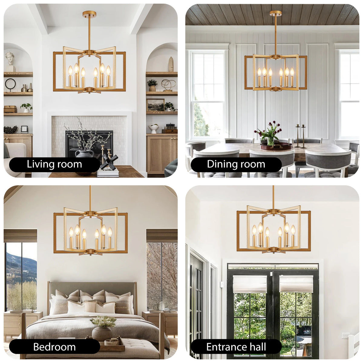 Chandelier in various rooms including living room, dining room, bedroom, and entrance hall.