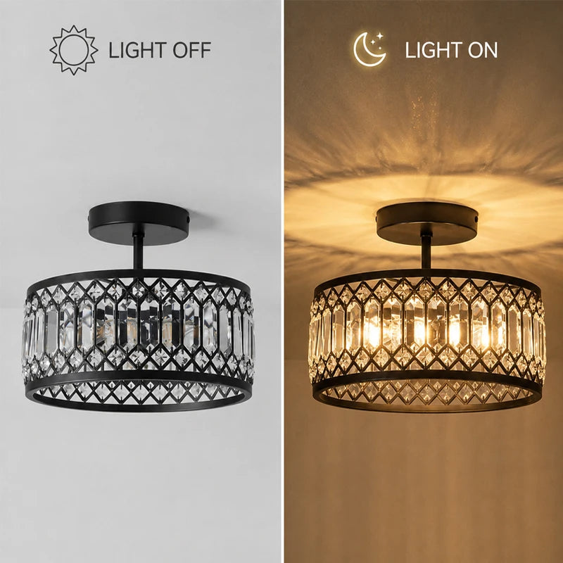 Black Crystal Drum Semi-Flush Ceiling Light