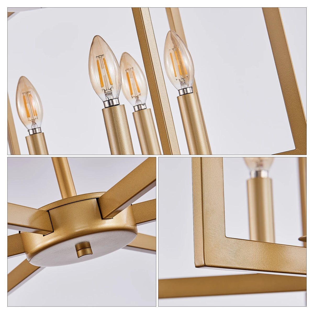 Gold ceiling light fixture with clear glass shades on a white background