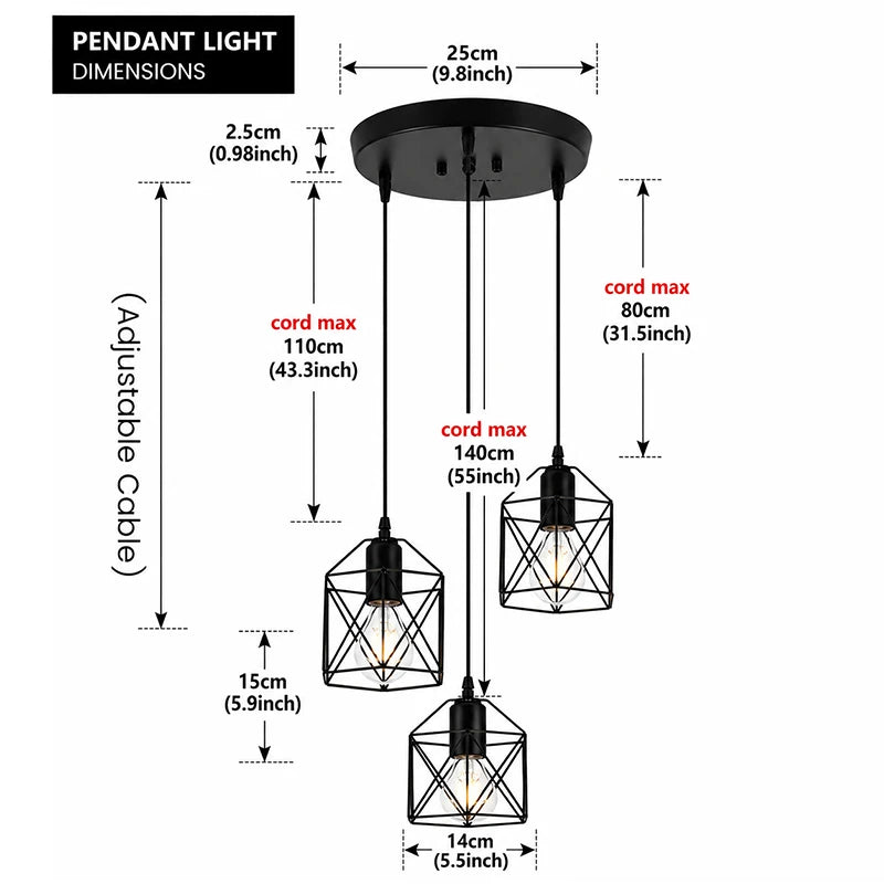 A product dimension diagram for a three-light pendant chandelier with black metal wire cages, adjustable hanging cords, and a round ceiling canopy on a white background with measurement labels.