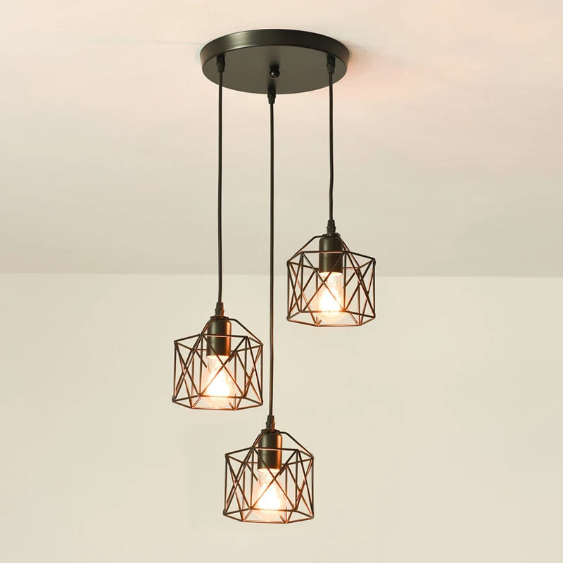 Black 3-Light Industrial Cage Cluster Pendant