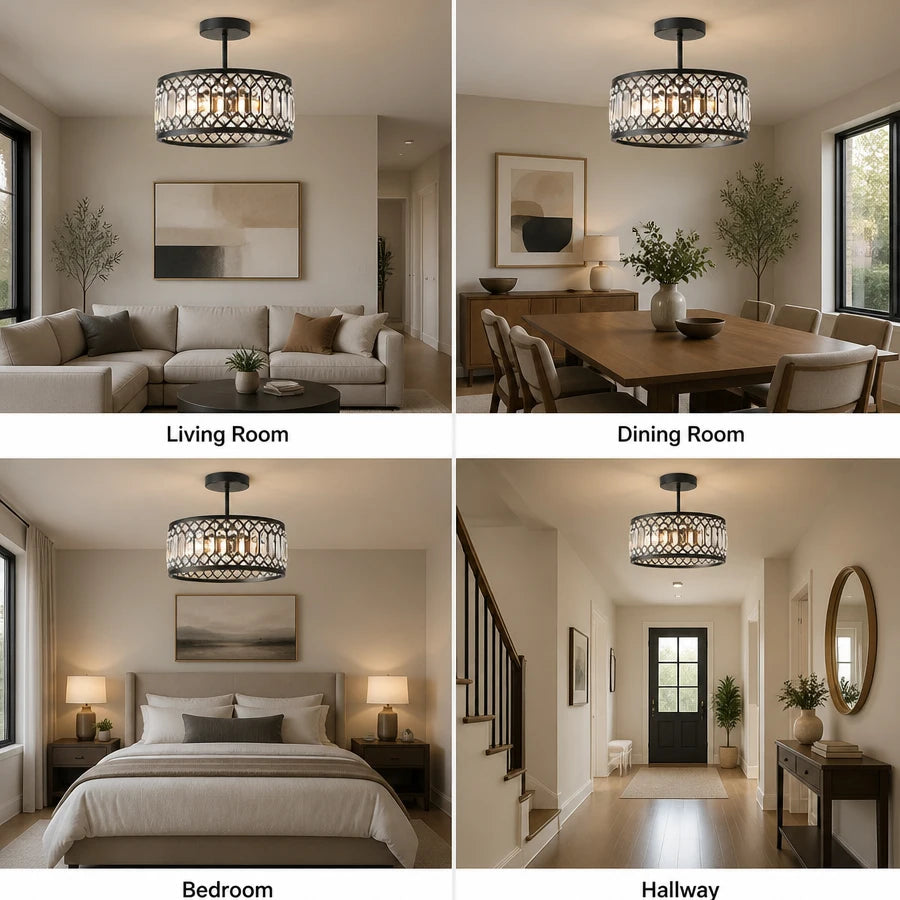 Black Crystal Drum Semi-Flush Ceiling Light