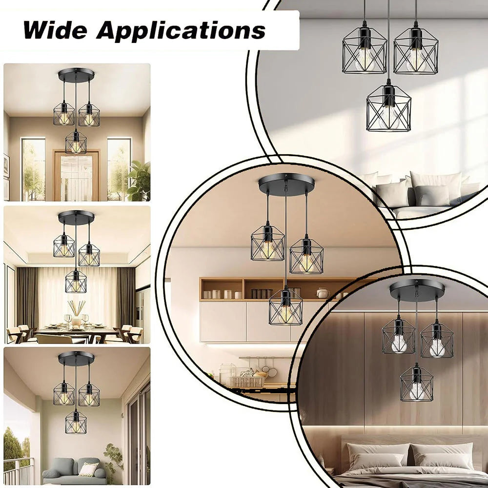 Black 3-Light Industrial Cage Cluster Pendant