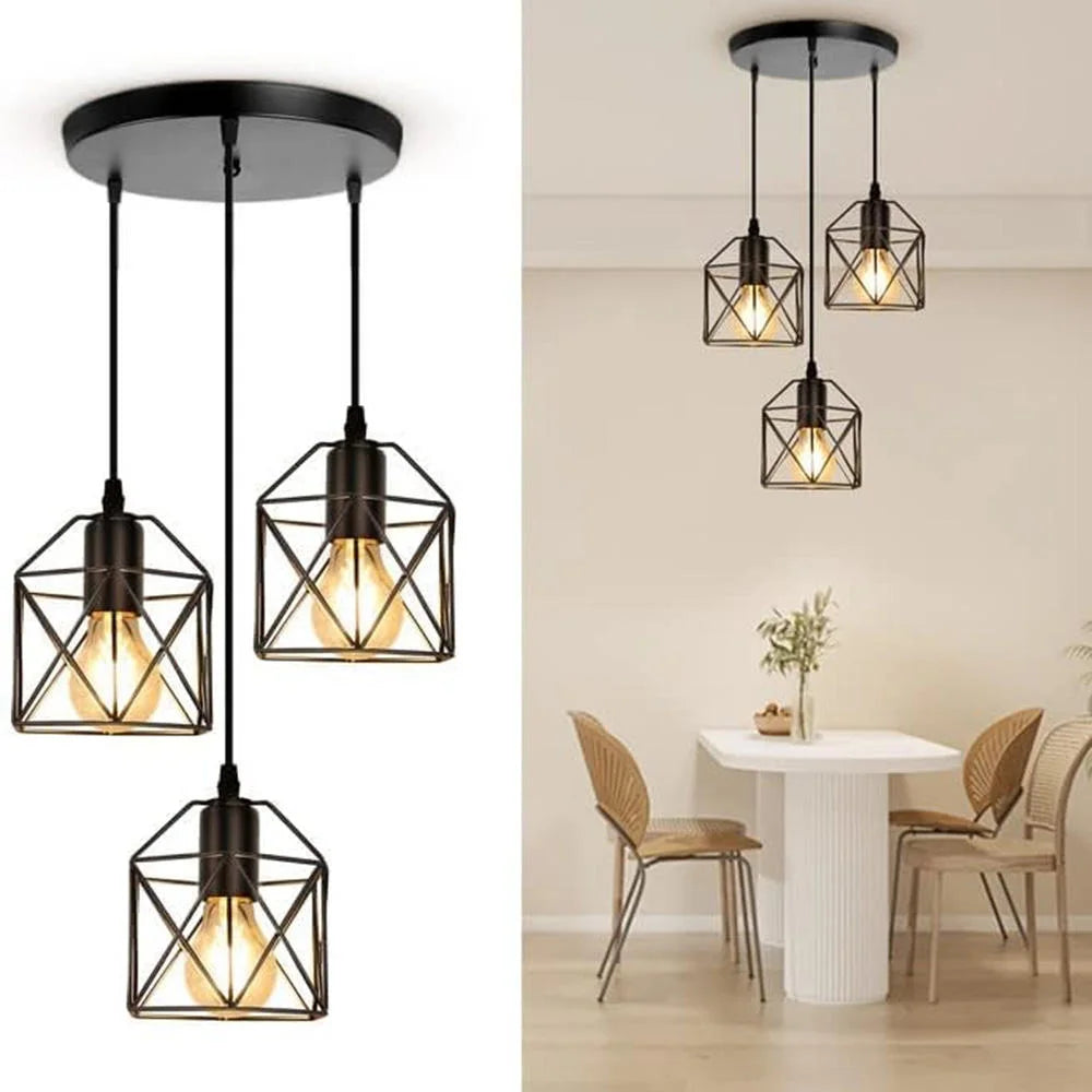 Black 3-Light Industrial Cage Cluster Pendant