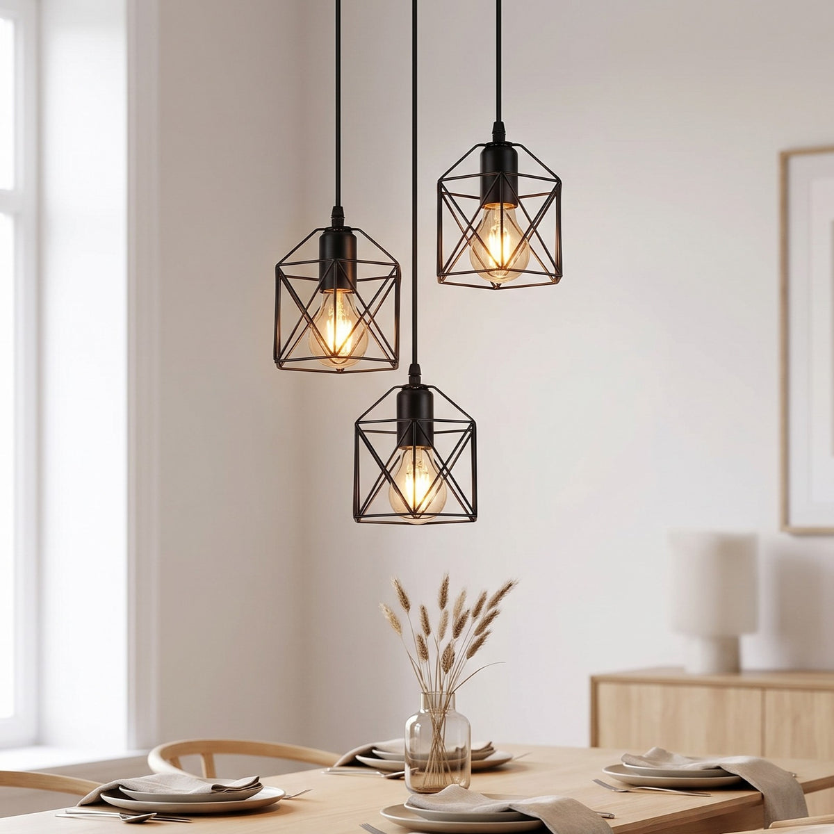 Three black metal geometric cage pendant lights with exposed Edison bulbs hanging over a dining table in a bright, modern room.