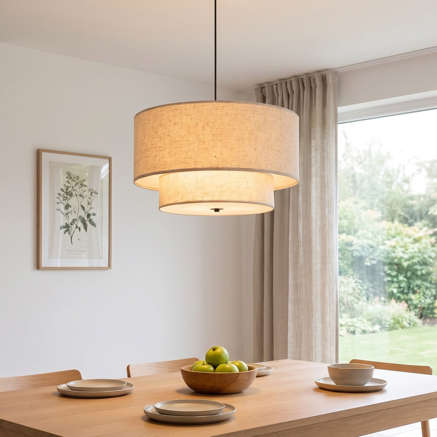 Two-Tier Beige Fabric Drum Pendant Light