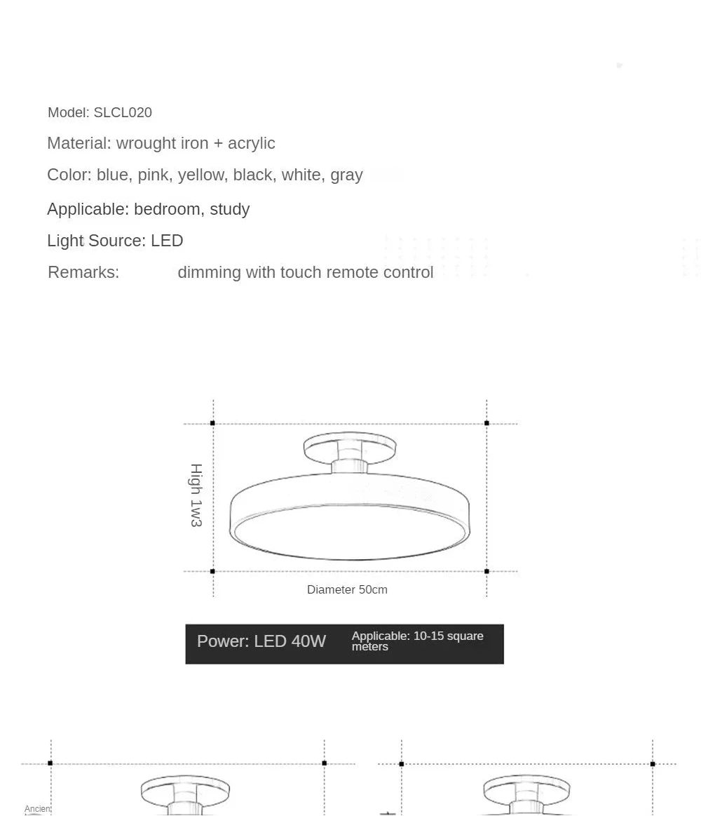 A product specification and technical diagram page for a modern flush-mount ceiling light. The page features a black header, product details in Chinese and English (model SLCL020, wrought iron + acrylic, blue/pink/yellow/black/white/gray color options, LED light source), and a clean line drawing showing the light's dimensions (diameter 50cm, height 140mm) and power (40W LED).