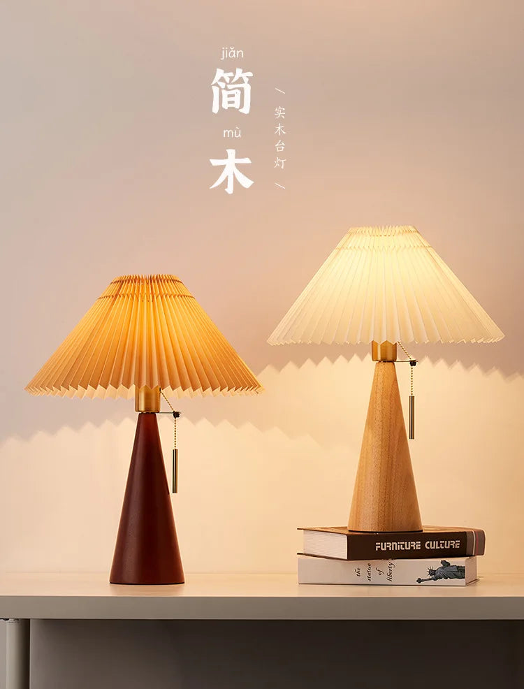 Japanese Pleated Wood & Fabric Japanese Table Lamp