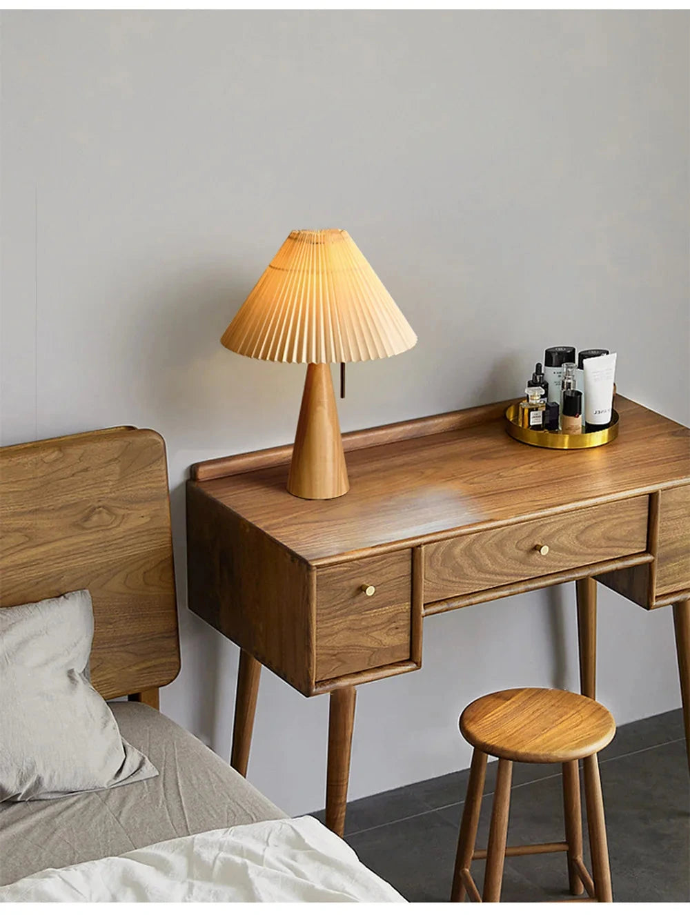 Japanese Pleated Wood & Fabric Japanese Table Lamp