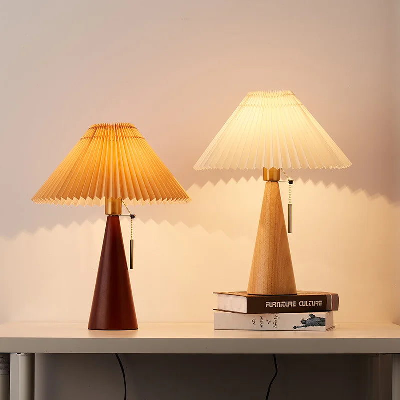 Japanese Pleated Wood & Fabric Japanese Table Lamp