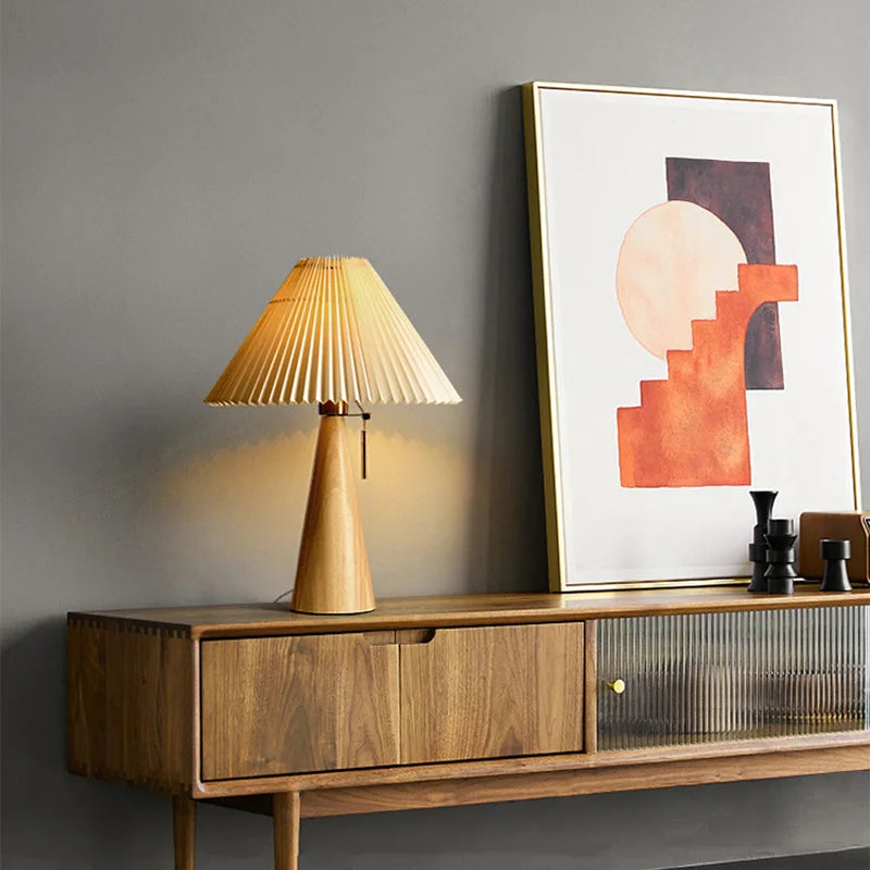 Japanese Pleated Wood & Fabric Japanese Table Lamp