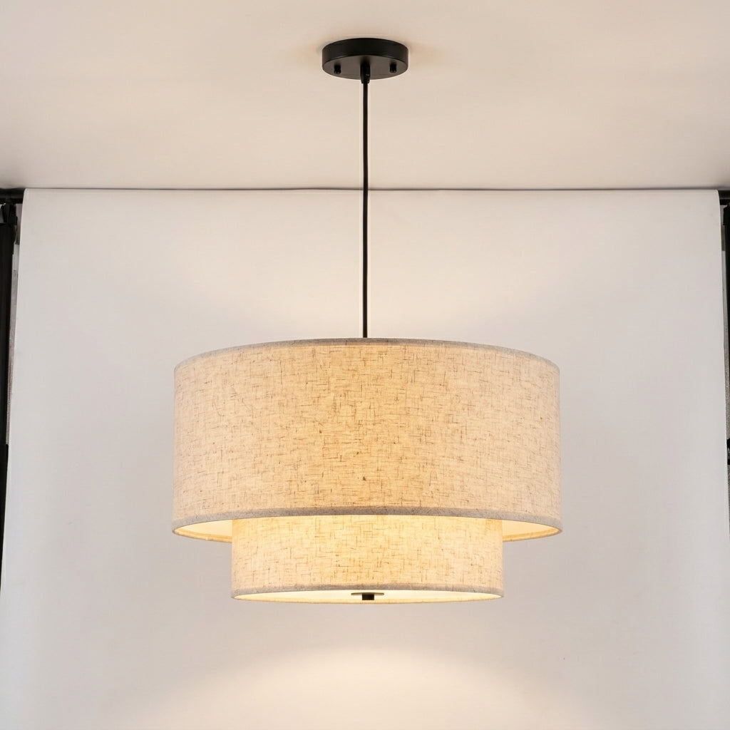 Two-Tier Beige Fabric Drum Pendant Light