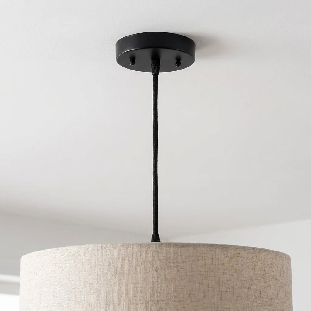 Two-Tier Beige Fabric Drum Pendant Light
