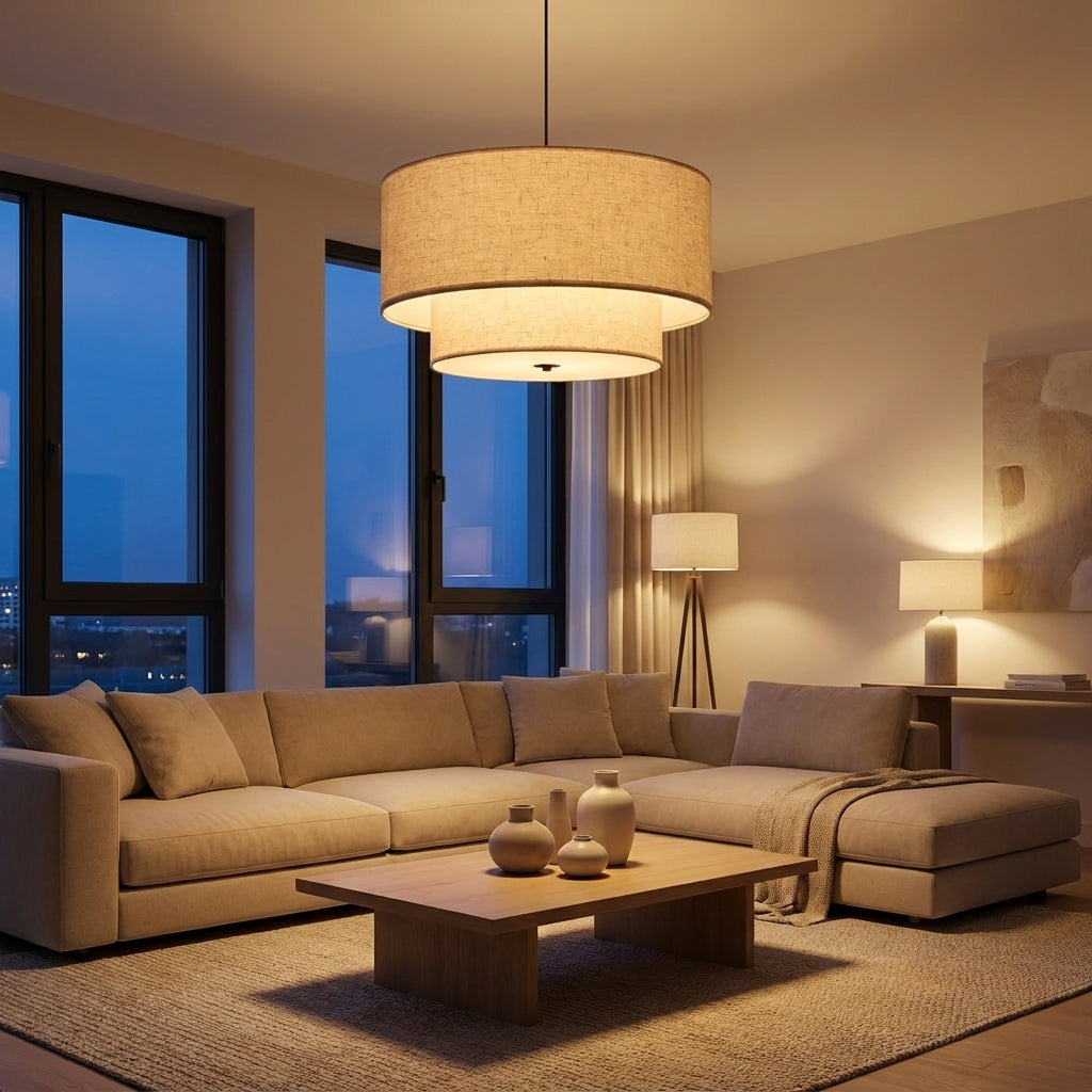 Two-Tier Beige Fabric Drum Pendant Light