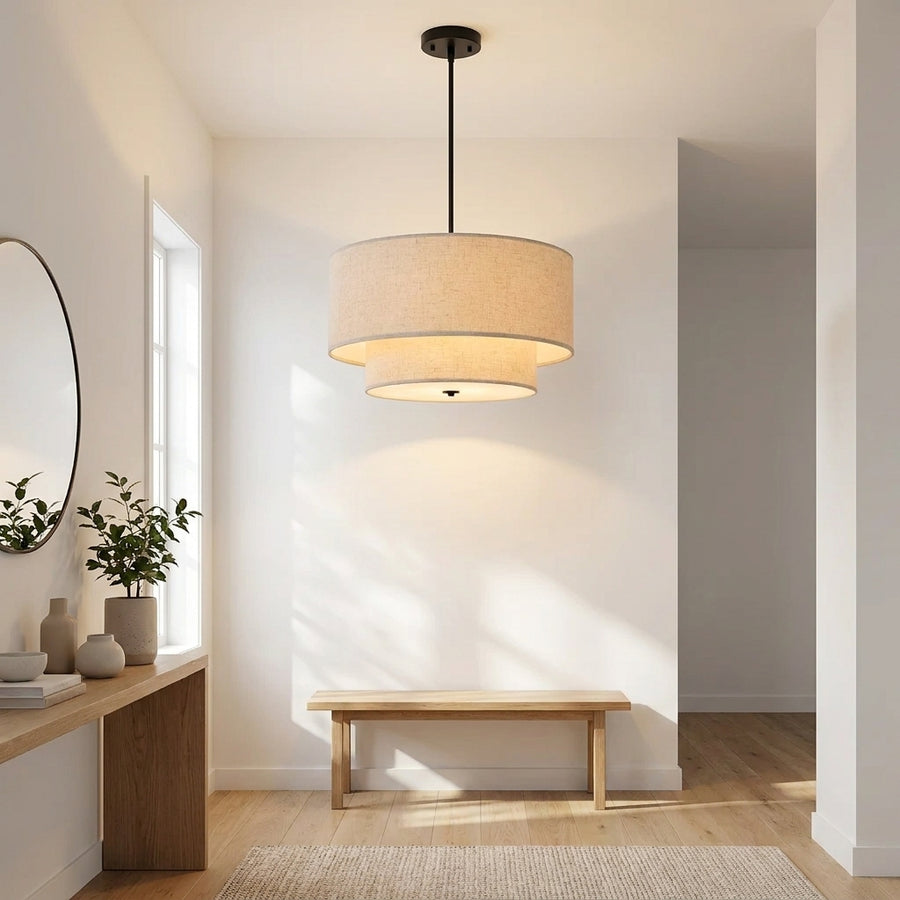 Two-Tier Beige Fabric Drum Pendant Light